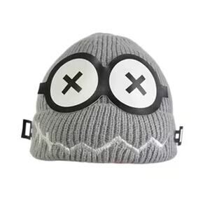 Grey Cartoon Knit Beanie Hat – Funny Goggles Eyes & Stitched Smile, Winter Cap